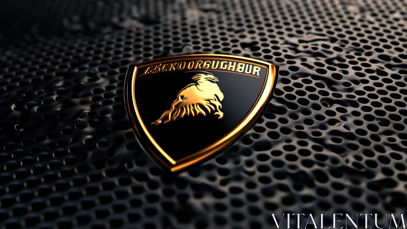 Photorealistic metallic crest on perforated dark surface.