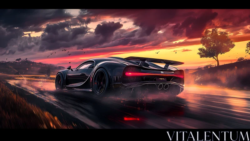 Black hypercar on wet rural road under dramatic sunset sky.