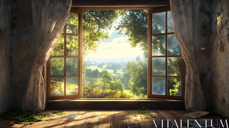 Sunlit country valley unfolds beyond a rustic open window