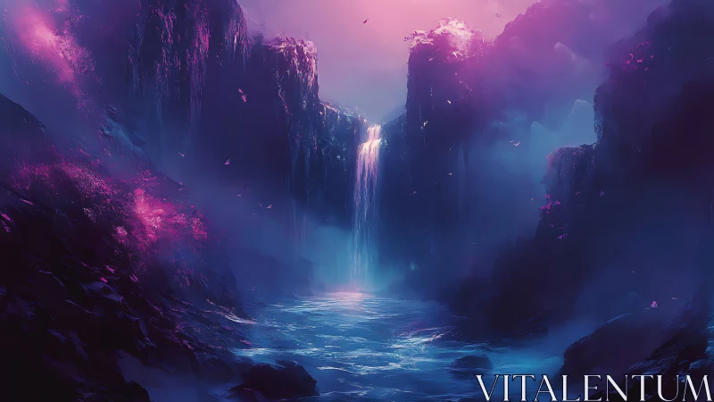 Luminescent fantasy waterfall in neon magenta canyon.
