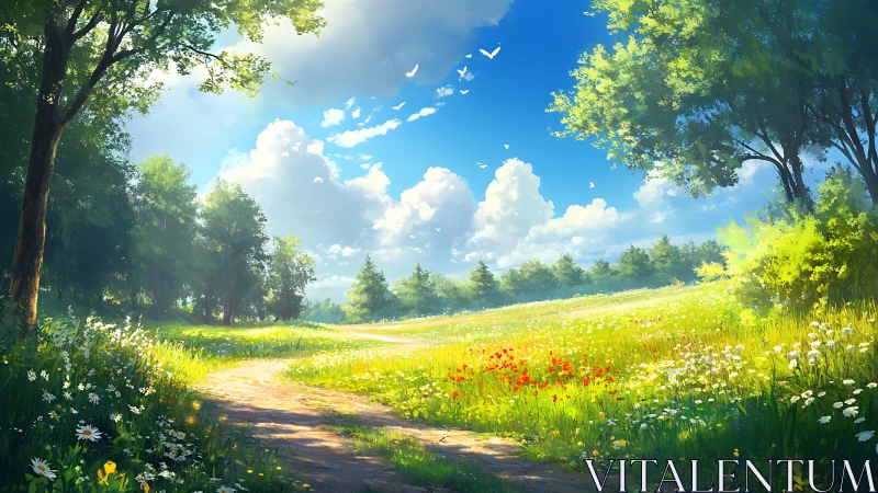 Sunlit dirt path curves through wildflower meadow toward trees