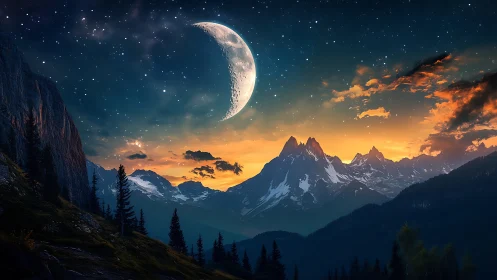 Crescent moon rising above luminous alpine twilight peaks.