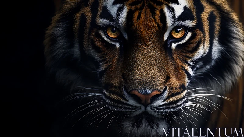 Golden-eyed tiger portrait glowing from the shadows.