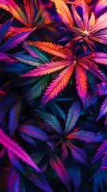 Cannabis leaves under multicolor gradient lighting at night.