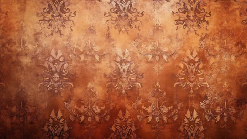 Ornate baroque damask pattern on aged copper backdrop.