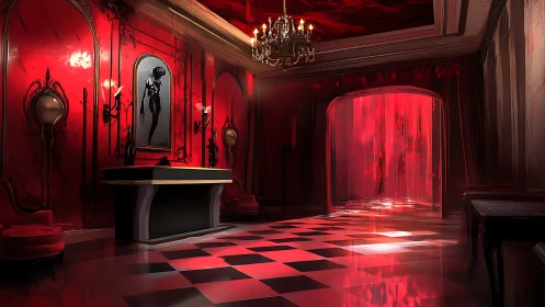 Crimson hotel lobby glows with eerie light and velvet shadows.