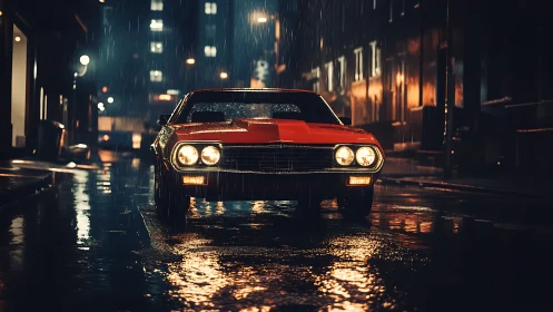Midnight muscle car prowls neon rain-slicked city streets