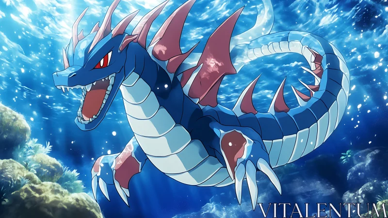 Serpentine aquatic dragon is rendered in dynamic underwater scene