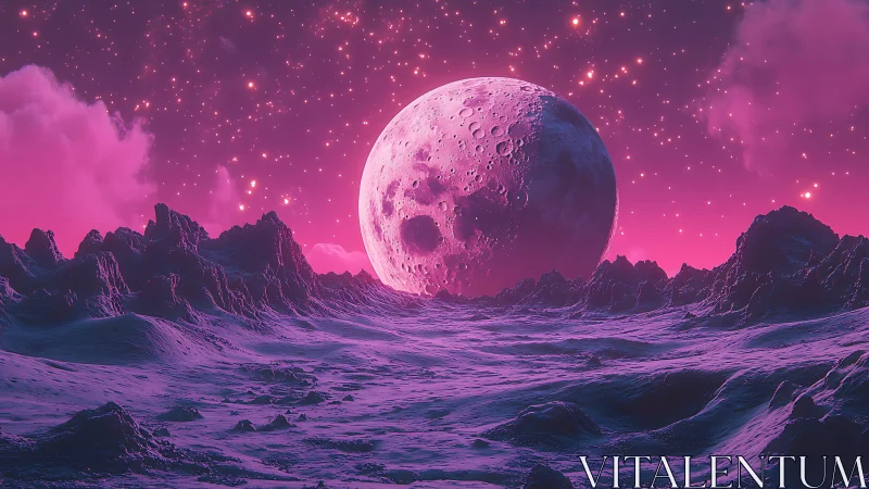 Neon lunar horizon renders cratered moon above alien terrain