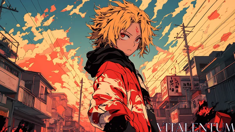 Blond anime youth walks tense urban street at burning sunset