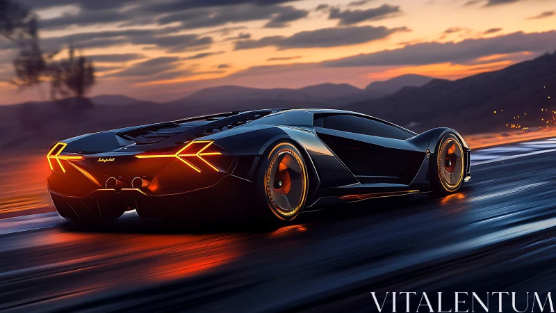 Futuristic supercar glides along a wet highway at sunset.