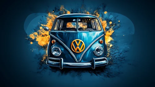 Retro blue van bursts from vivid orange paint splashes.