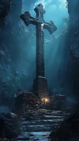 Ancient stone crucifix in misty forest ravine at night.