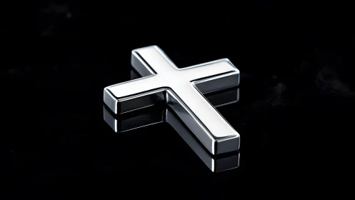 Shiny Silver Cross on Glossy Black Background, Modern Style.