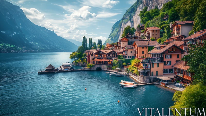 Lakeside alpine village hugs cliffs above vivid turquoise water.