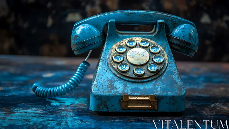 Rust-kissed blue rotary phone humming with quiet memories.