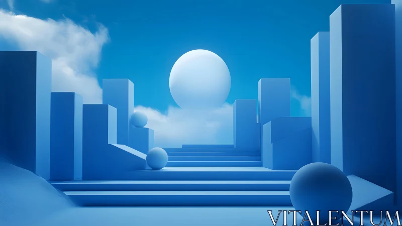 Geometric blue cityscape aligns spheres beneath a luminous sun