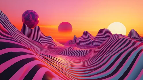 Striped neon dunes with floating spheres at synthetic sunset.
