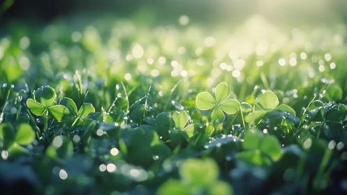 Low-angle view shows clover leaves with dew in soft focus