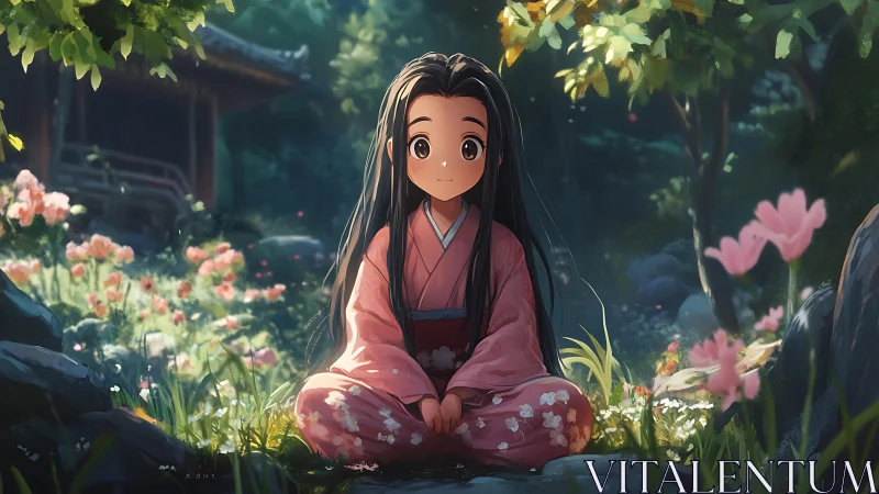 Garden-blooming kimono girl in dawn-kissed forest glade.