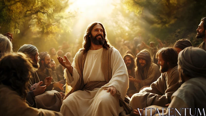 Sunlit rabbinic teacher addressing followers in forest amphitheater.