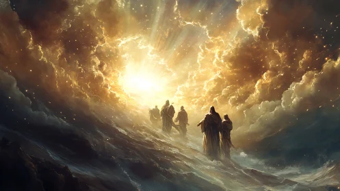 Robed figures walking toward luminous cloud opening in sky.