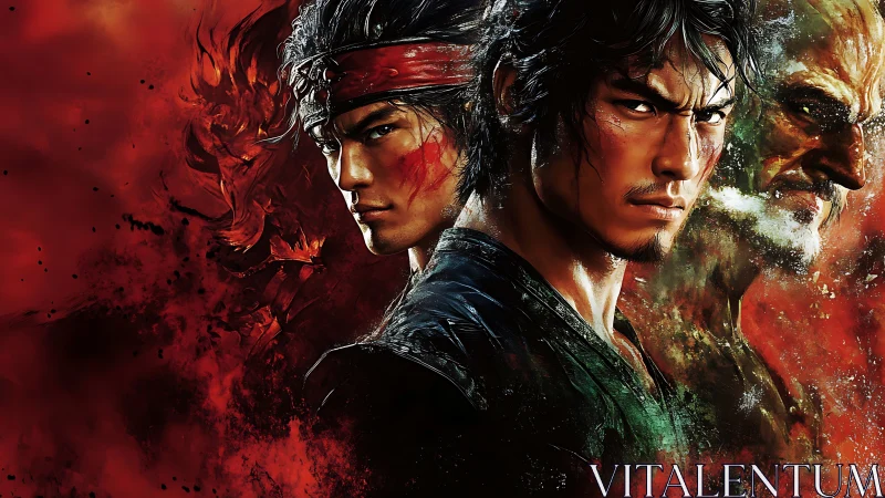 Warrior trio emerges from fiery red chaos of battle.