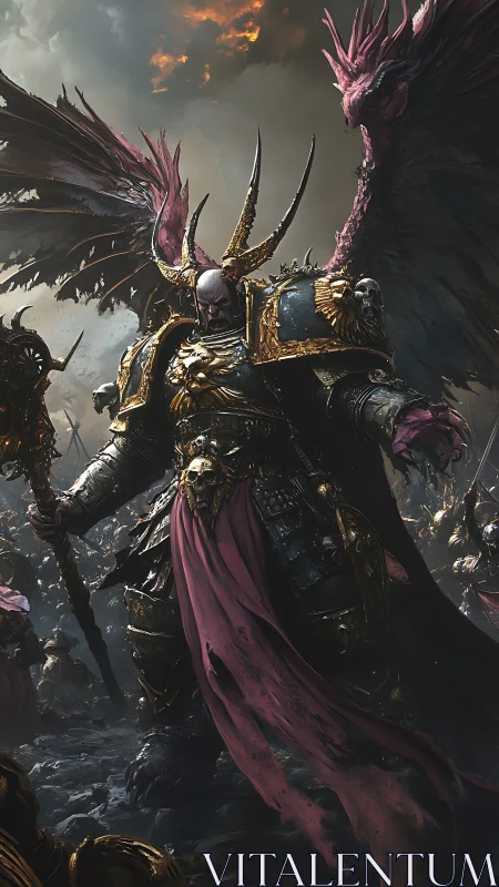 Winged warlord of ruin strides through stormlit battlefield.