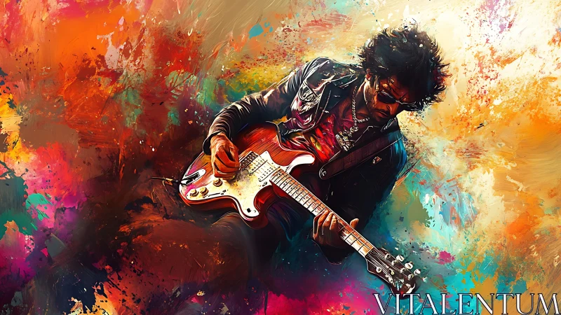 Electric guitarist emerges through explosive abstract color field.