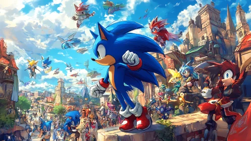 Blue-speed legend surveys a riotous multiverse cityscape