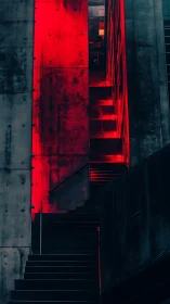 Neon corridor staircase in brutalist cyberpunk composition.
