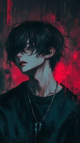 Brooding anime boy in red neon haze stares into distance.