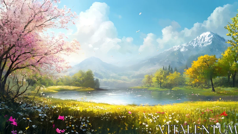 Spring lake valley under bright alpine morning sky.