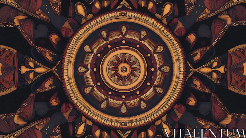 Radial geometric mandala with intricate warm linework.