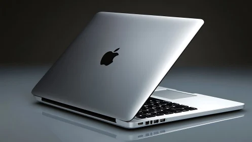 Sleek silver laptop half-open on reflective studio surface.