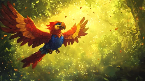 Vibrant parrot soaring in sunlit forest, digital painting style.