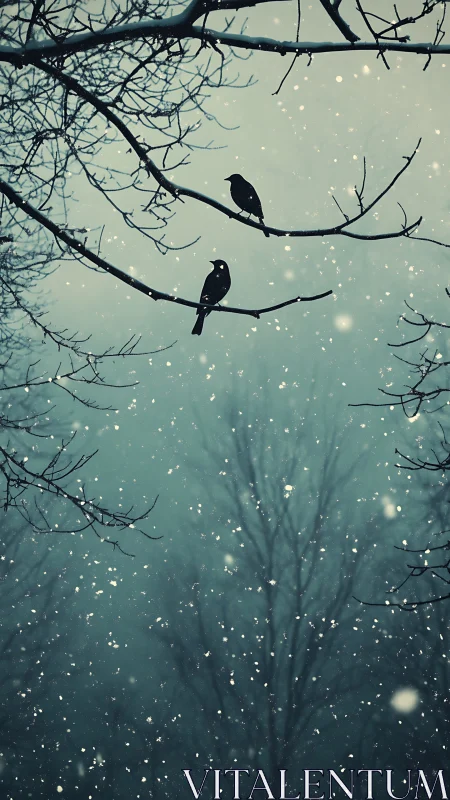 Silhouetted songbirds on snow-laden branches in atmospheric dusk.