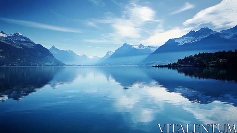 Glacial lake panorama with snowcapped ranges and mirrored sky
