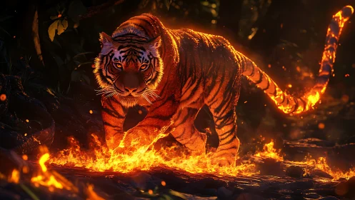 Firelit tiger crossing glowing embers in a shadowed jungle.