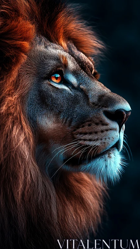 Majestic lion portrait glowing with fiery, thoughtful gaze.