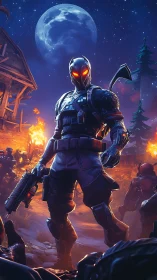 Midnight cyber-sentinel strides through a burning frontier