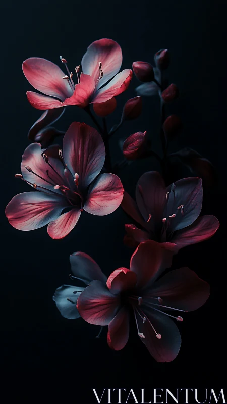 Crimson Petals Dance: Luminous Flowers Against Obsidian.