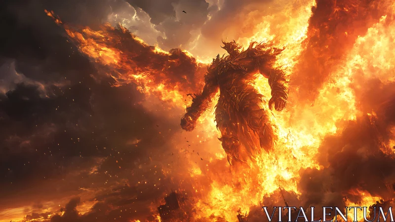 Fiery titan strides through stormlit sky of living embers.