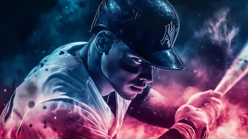 Neon-illuminated baseball batter in high-intensity swing pose.