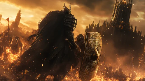 Armored warrior advances through burning siege landscape