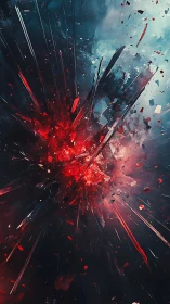 Red energy explosion shattering into dark blue space