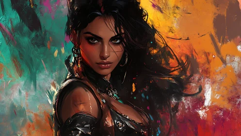 Fierce warrior woman emerges against blazing abstract storm