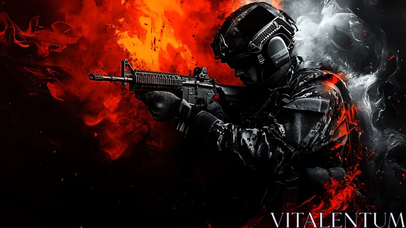 Combat soldier with rifle in red and black digital fire.