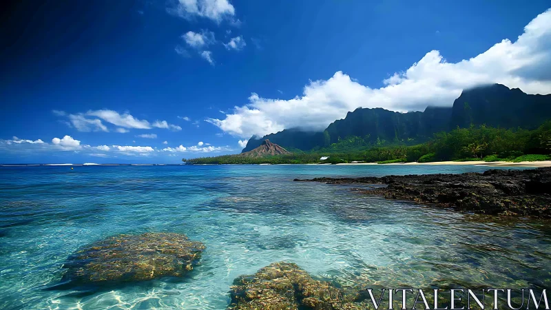 Dramatic Tropical Coastline with Volcanic Peaks and Crystalline Waters.