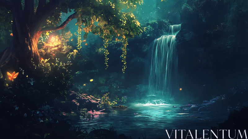 Luminescent Forest Cascade: Bioluminescent Waterfall with Atmospheric Light Sources